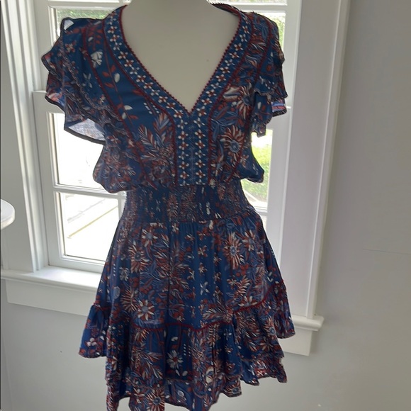 Poupette St. Barth Blue and Orange Ruffled Tiered Mini Sundress - Picture 1 of 3